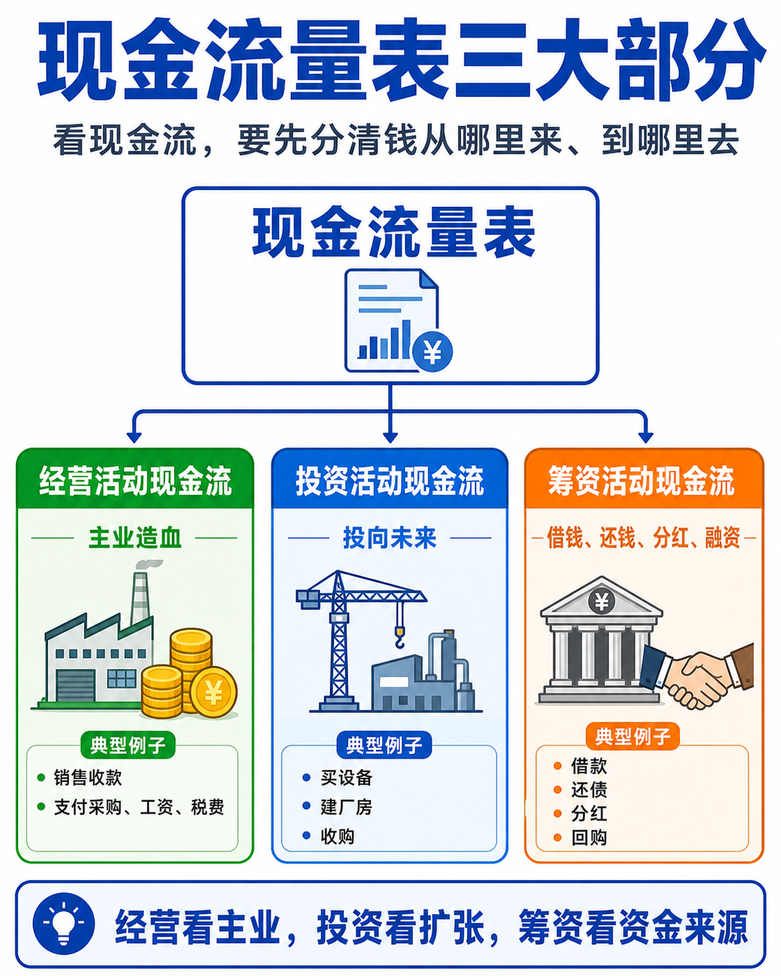 现金流量表三大部分：经营、投资和筹资